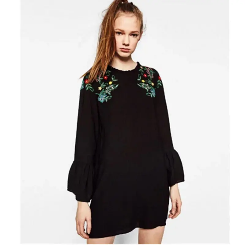 Vintage O Neck Flower Embroidery Dress Woman Contrast Color Ruffles Long Sleeve Loose Blusas Dresses Black 2