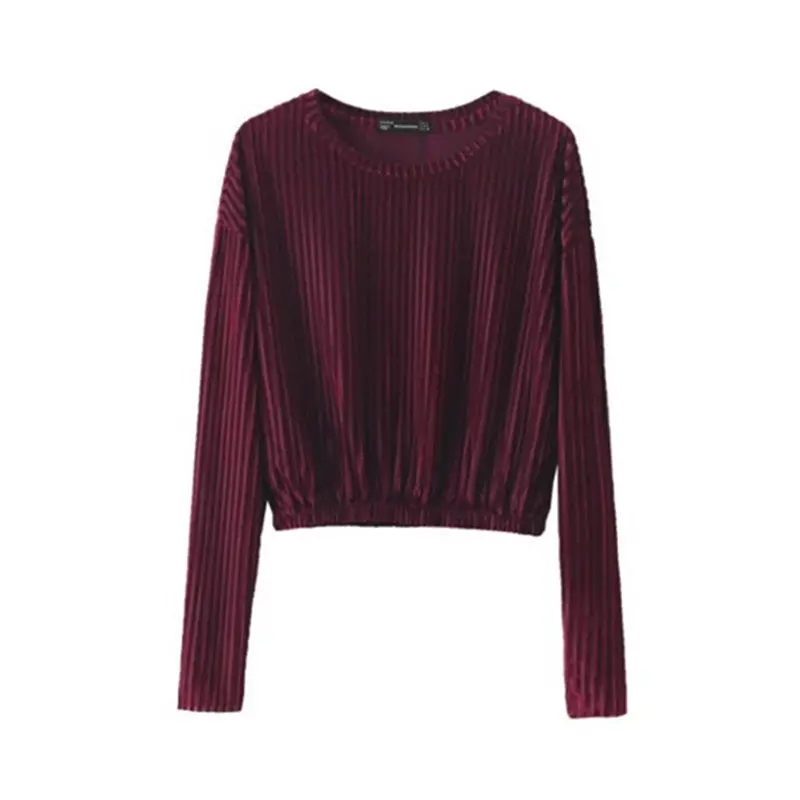 Vintage O Neck Pleated Velet T-Shirt Woman Short T Shirt Long Sleeve Tee Tops 3