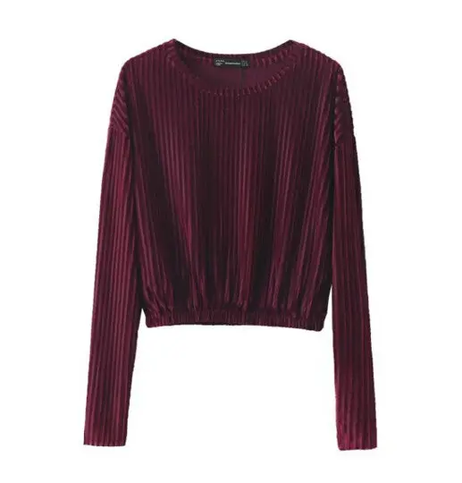 Vintage O Neck Pleated Velet T-Shirt Woman Short T Shirt Long Sleeve Tee Tops 4