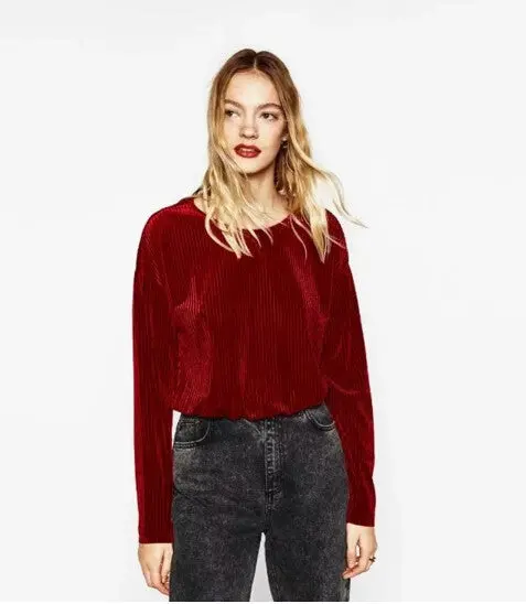Vintage O Neck Pleated Velet T-Shirt Woman Short T Shirt Long Sleeve Tee Tops 4