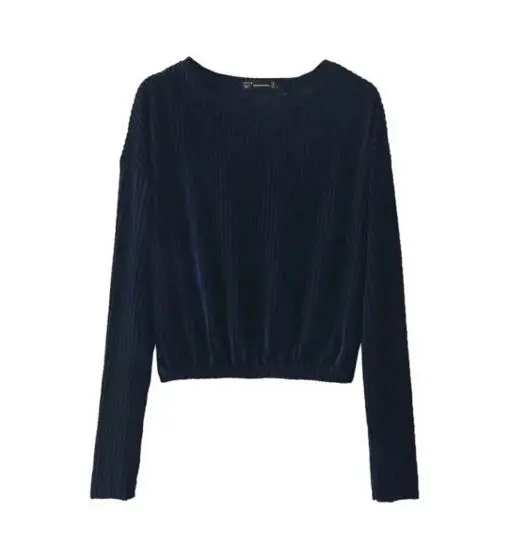Vintage O Neck Pleated Velet T-Shirt Woman Short T Shirt Long Sleeve Tee Tops 6