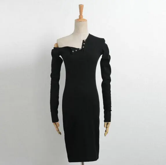 Vintage One Shoulder Open Button Dress Sexy Bodycon Long Sleeve Vestido De Festa Curto Robe Jurken Dresses 4 Colors 1