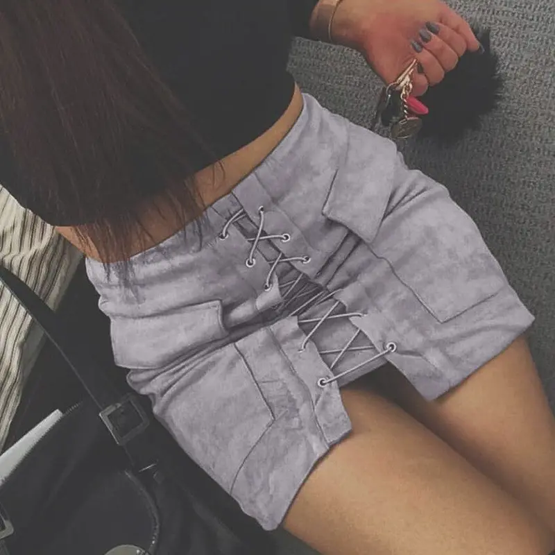 Vintage Pencil Bodycon Skirts Sexy Lace Up Women Mini Skirt Suede Empire Solid Pockets Club Wear M0676 10
