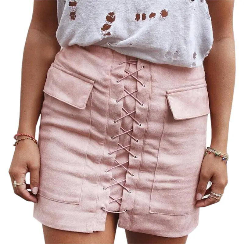 Vintage Pencil Bodycon Skirts Sexy Lace Up Women Mini Skirt Suede Empire Solid Pockets Club Wear M0676 10
