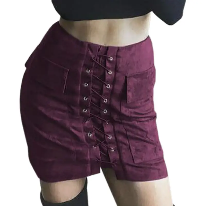 Vintage Pencil Bodycon Skirts Sexy Lace Up Women Mini Skirt Suede Empire Solid Pockets Club Wear M0676 11