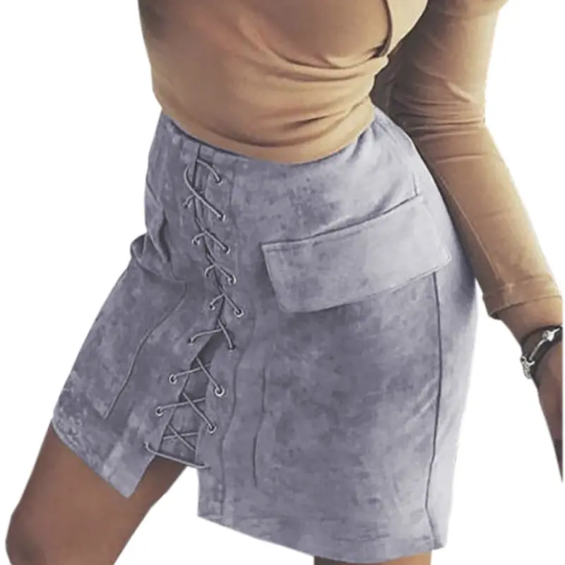 Vintage Pencil Bodycon Skirts Sexy Lace Up Women Mini Skirt Suede Empire Solid Pockets Club Wear M0676 12