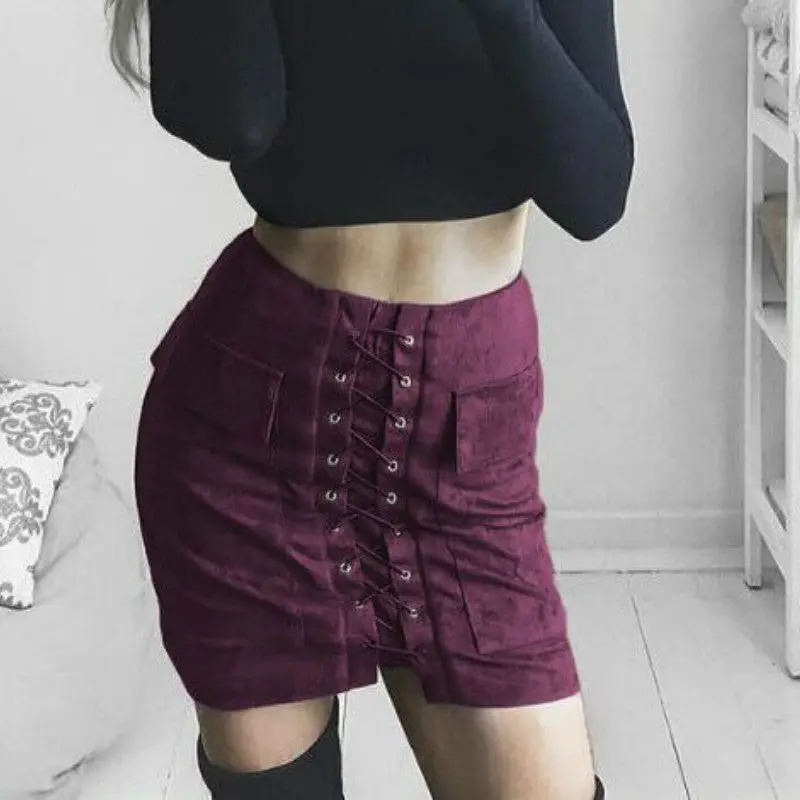 Vintage Pencil Bodycon Skirts Sexy Lace Up Women Mini Skirt Suede Empire Solid Pockets Club Wear M0676 13