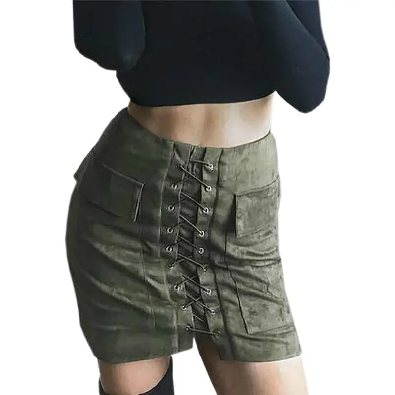Vintage Pencil Bodycon Skirts Sexy Lace Up Women Mini Skirt Suede Empire Solid Pockets Club Wear M0676 13