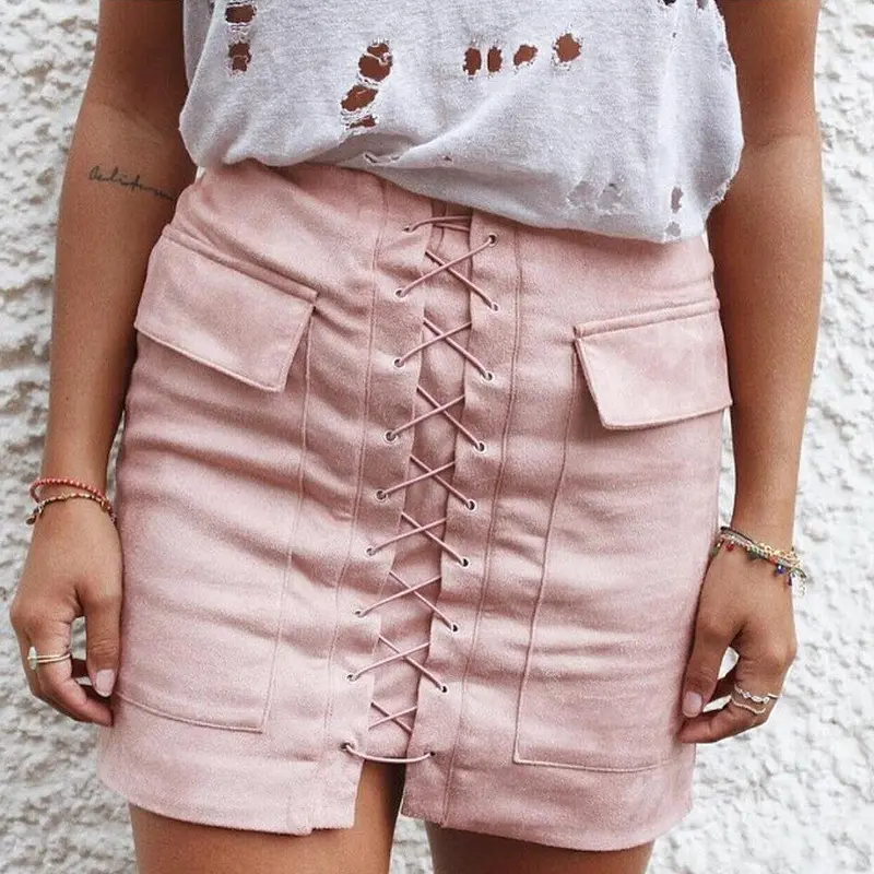 Vintage Pencil Bodycon Skirts Sexy Lace Up Women Mini Skirt Suede Empire Solid Pockets Club Wear M0676 4