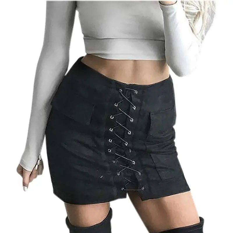 Vintage Pencil Bodycon Skirts Sexy Lace Up Women Mini Skirt Suede Empire Solid Pockets Club Wear M0676 8