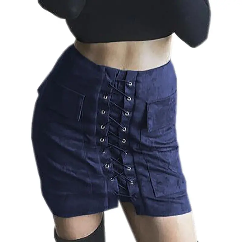 Vintage Pencil Bodycon Skirts Sexy Lace Up Women Mini Skirt Suede Empire Solid Pockets Club Wear M0676 9