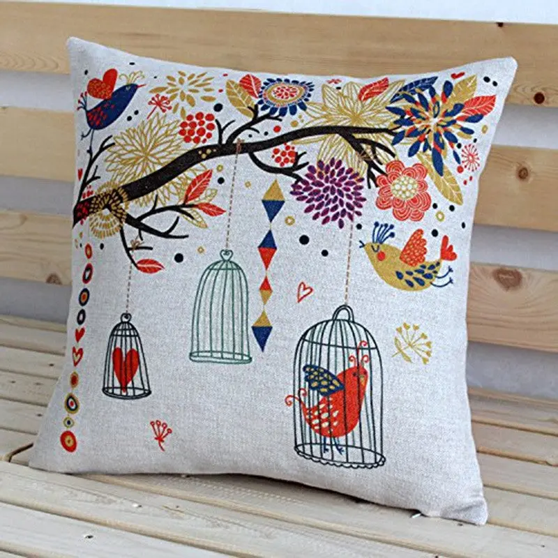 Vintage Personality Cotton Linen Tree Owl Cage Cushion Cover Pillow Case 84583 1