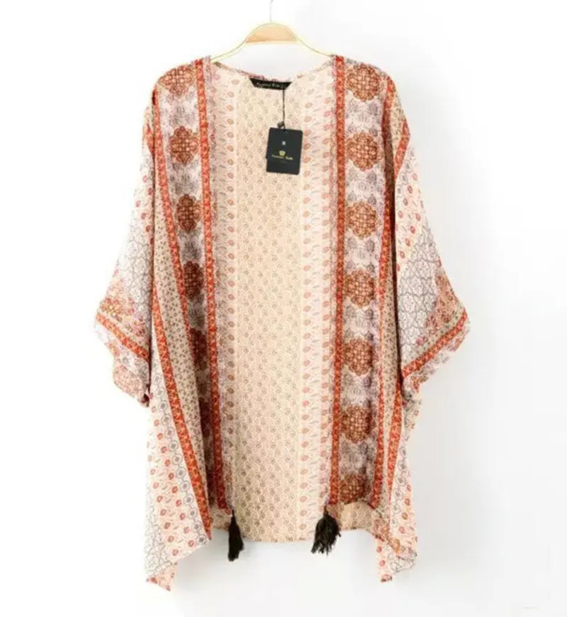 Vintage Position Floral Print 3/4 Sleeve Tassel Kimono Shirt Middle Long Chiffon Cardigan Women Blouse Tops 1
