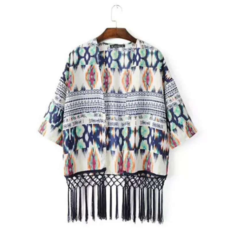 Vintage Print Tassel Kimono Cardigan Blusa Feminina Women Fringed Kimono Shirts Jackets Sunscreen 1