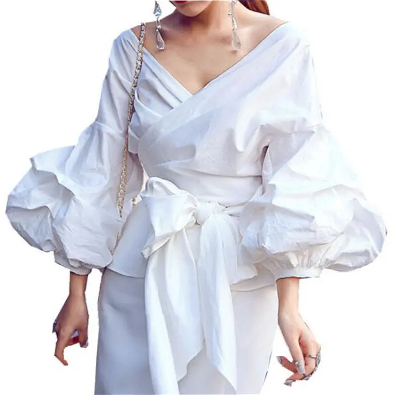 Vintage Puff Sleeve Women Blouses And Shirts Sexy Deep V Neck Tie Bow Blouse Tunic Top Plus Size Blusas 3