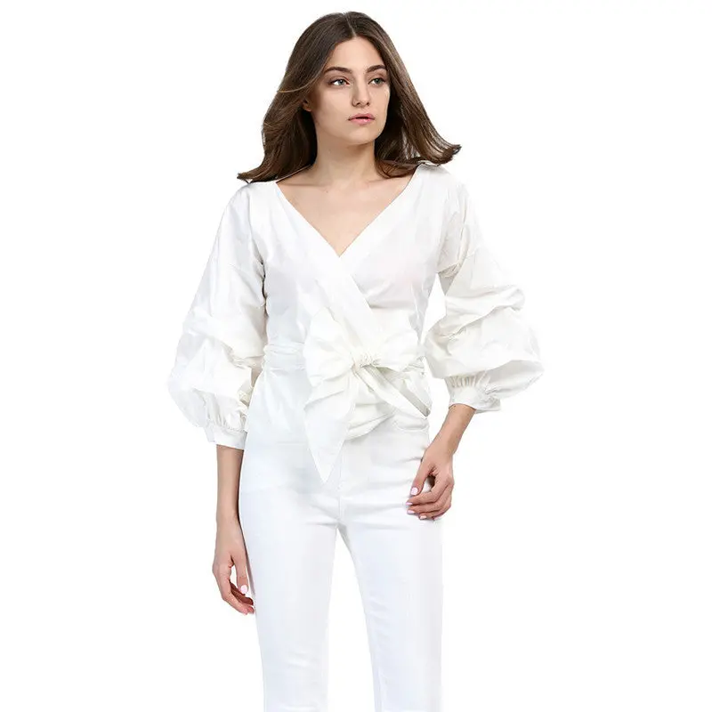 Vintage Puff Sleeve Women Blouses And Shirts Sexy Deep V Neck Tie Bow Blouse Tunic Top Plus Size Blusas 4
