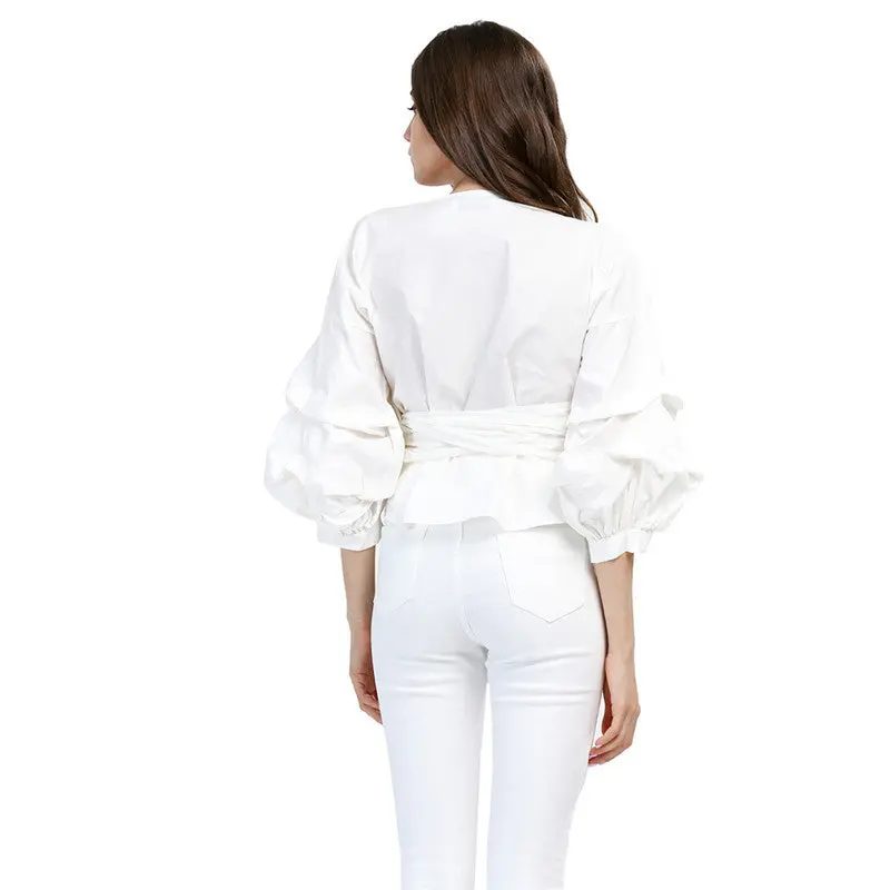 Vintage Puff Sleeve Women Blouses And Shirts Sexy Deep V Neck Tie Bow Blouse Tunic Top Plus Size Blusas 5