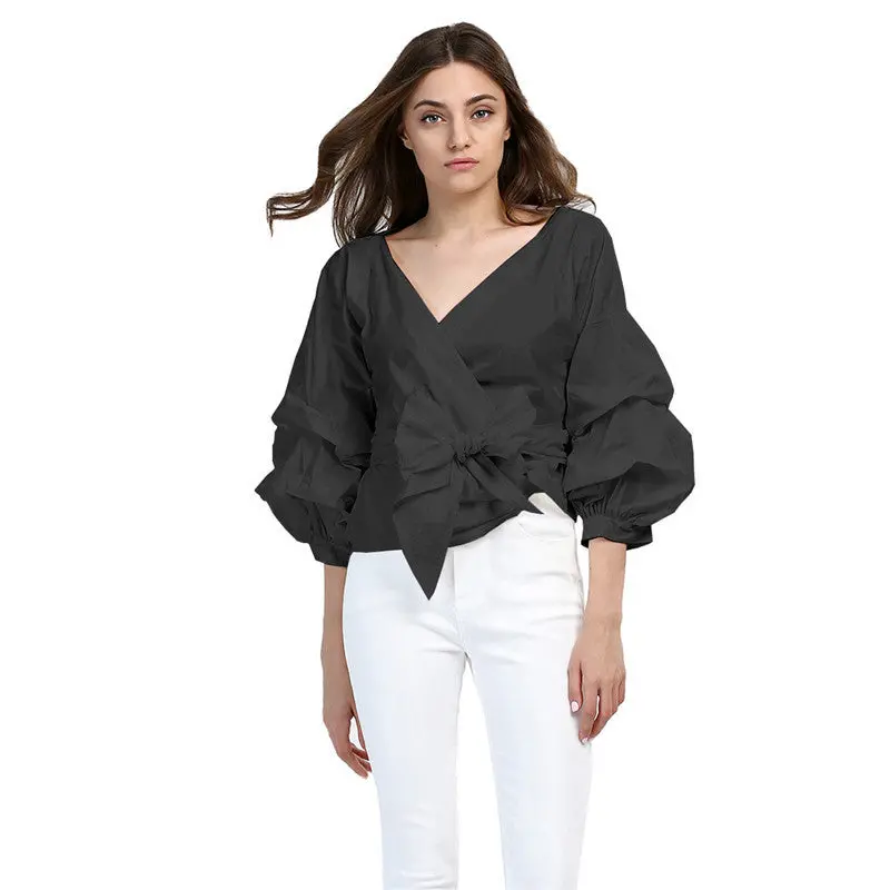 Vintage Puff Sleeve Women Blouses And Shirts Sexy Deep V Neck Tie Bow Blouse Tunic Top Plus Size Blusas 6