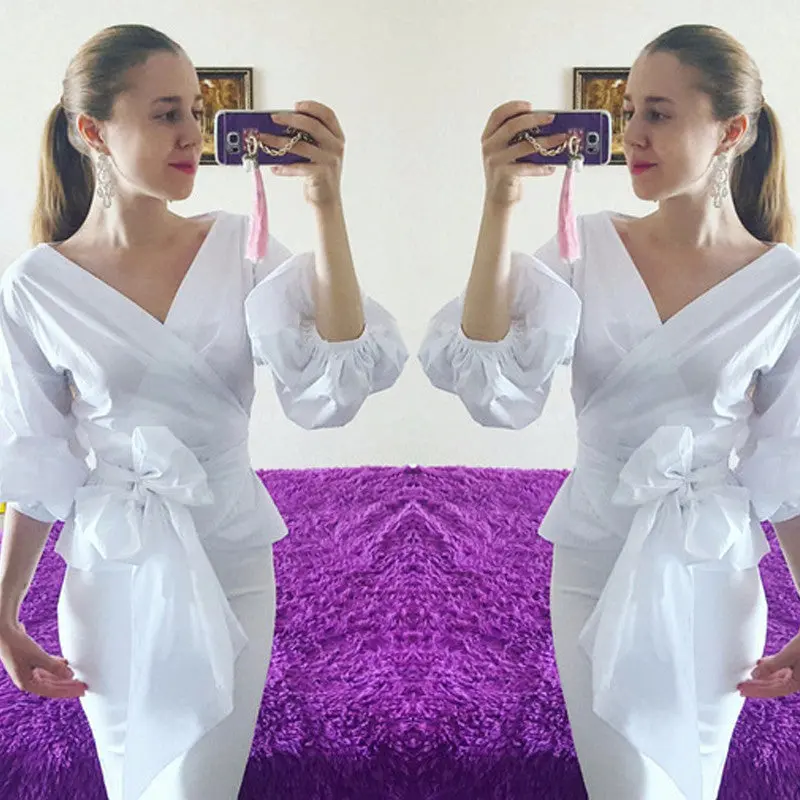 Vintage Puff Sleeve Women Blouses And Shirts Sexy Deep V Neck Tie Bow Blouse Tunic Top Plus Size Blusas 7