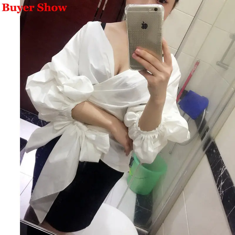Vintage Puff Sleeve Women Blouses And Shirts Sexy Deep V Neck Tie Bow Blouse Tunic Top Plus Size Blusas 8