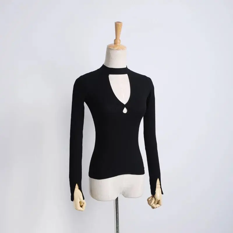 Vintage Pullover Sexy Deep V Slim Knit Top Elastic Jumper Long Sleeve Pull Femme Halter Screw Knitted Sweater Women 1