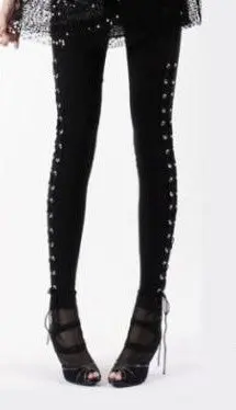 ~ Vintage Punk Women's Split Metal Cuffs Eyelets Lace Up Panelled Leggings Pants Long Trousers 3