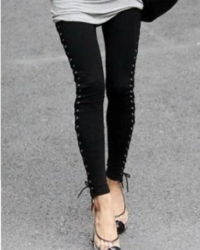 ~ Vintage Punk Women's Split Metal Cuffs Eyelets Lace Up Panelled Leggings Pants Long Trousers 3