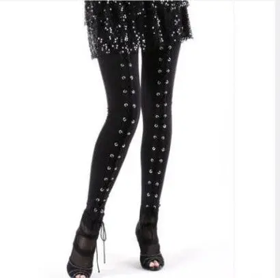 ~ Vintage Punk Women's Split Metal Cuffs Eyelets Lace Up Panelled Leggings Pants Long Trousers 4