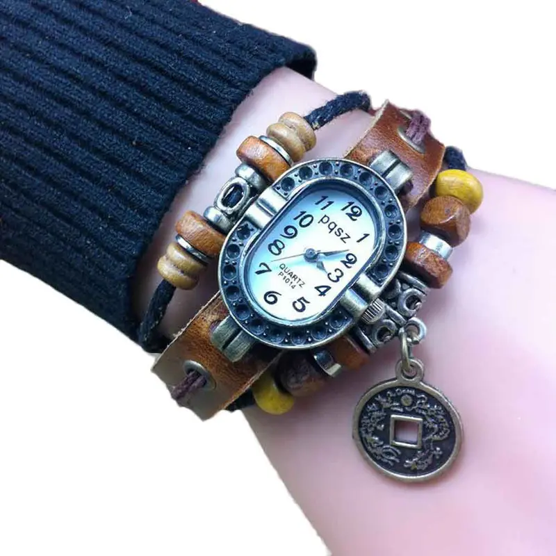 Vintage Quartz Women Dress Watchs Wrap Pendant Leather Bracelet Wrist Watch Ladies Watches Feida 1