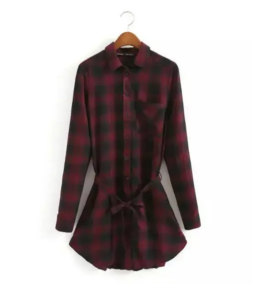 Vintage Red Black Plaid Print Shirt Dress Women Singe Pocket On Front Lapel Long Sleeve Casual Sashes Dresses Tops 1