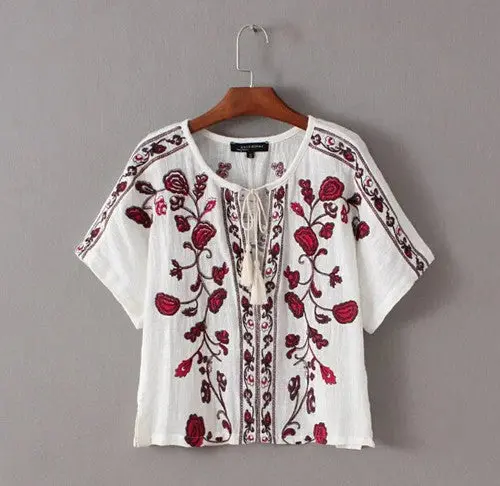 Vintage Red Flower Embroidery Shirt Ethnic Women Strappy V Neck Short Sleeve Blouse Pullover Tops Femme White S M L 1