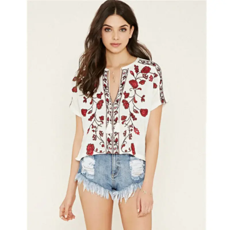 Vintage Red Flower Embroidery Shirt Ethnic Women Strappy V Neck Short Sleeve Blouse Pullover Tops Femme White S M L 2