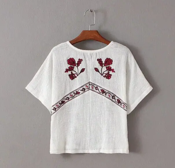 Vintage Red Flower Embroidery Shirt Ethnic Women Strappy V Neck Short Sleeve Blouse Pullover Tops Femme White S M L 3