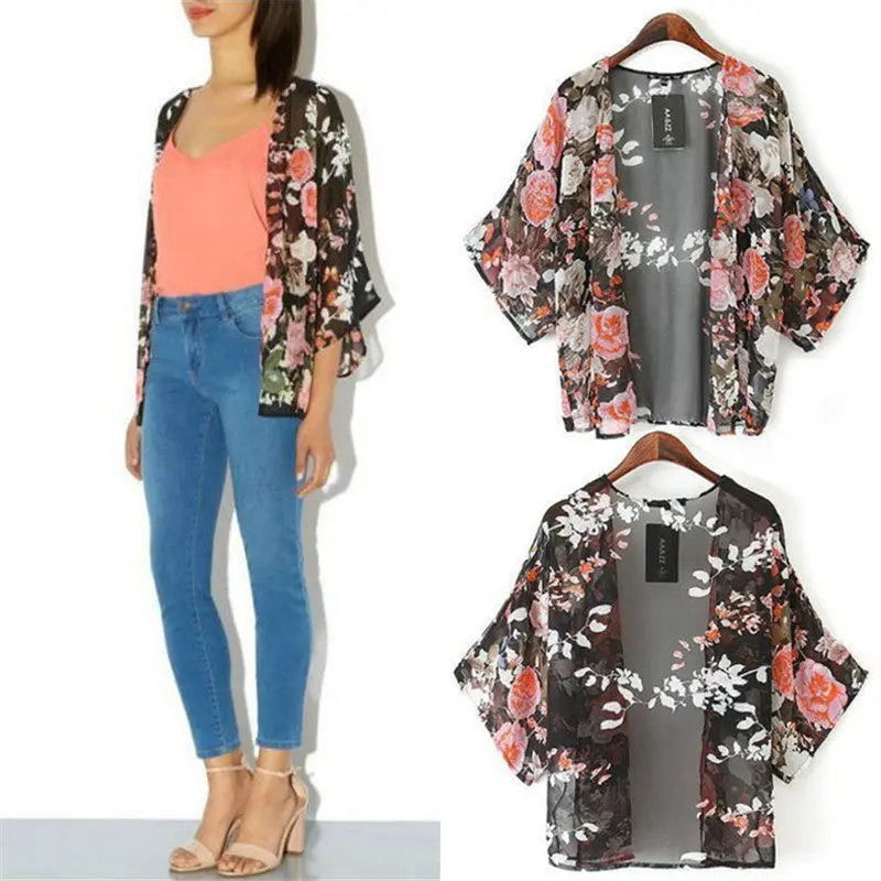 Vintage Retro Floral Women Jacket Coat Loose Shawl Kimono Boho Chiffon Cardigan Half Sleeve Blouse Coat Jacket 1