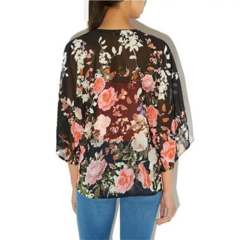 Vintage Retro Floral Women Jacket Coat Loose Shawl Kimono Boho Chiffon Cardigan Half Sleeve Blouse Coat Jacket 2