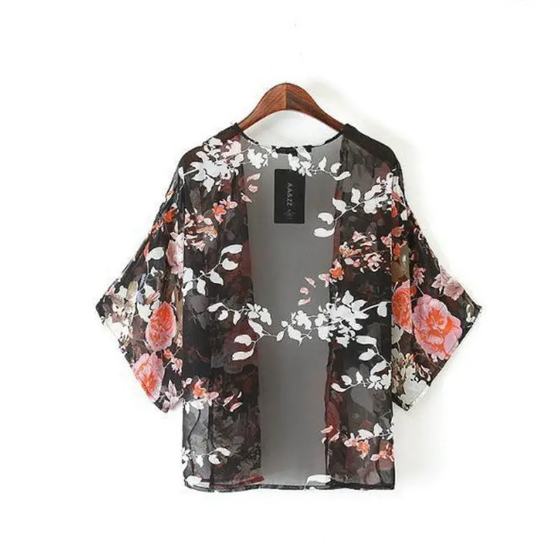 Vintage Retro Floral Women Jacket Coat Loose Shawl Kimono Boho Chiffon Cardigan Half Sleeve Blouse Coat Jacket 3