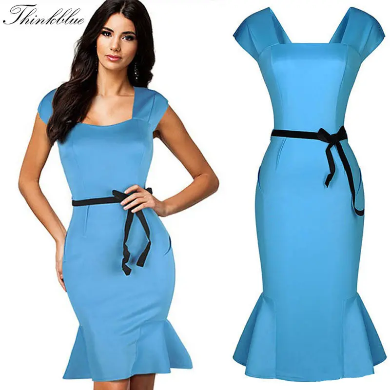 Vintage Ruffle Women Dress Blue Sleeveless Midi Knee-Length Dress Ladies Elegant Bodycon Dress Party Dresses 1