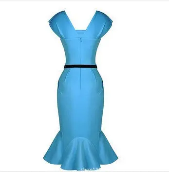 Vintage Ruffle Women Dress Blue Sleeveless Midi Knee-Length Dress Ladies Elegant Bodycon Dress Party Dresses 3