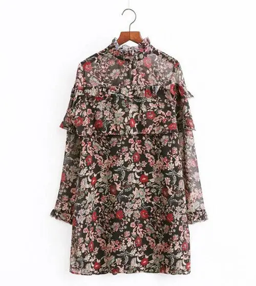 Vintage Ruffles Collar Floral Print Ruffles Dress Woman 3/4 Ruffled Sleeve Chiffon Loose Short Dresses Femme 1