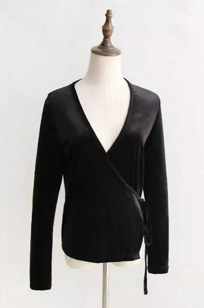 Vintage Sexy Cross Deep V Velet Tee Woman Aa Slim Fit Long Sleeve Bandage Velour T-Shirt 3 Color 1