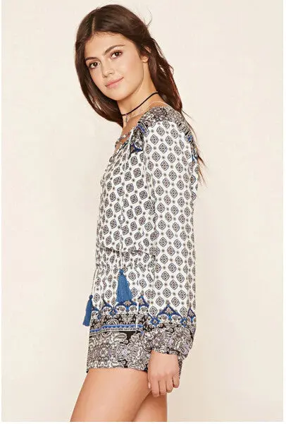 Vintage Sexy Print Lacing Up Deep V Neck Short Jumpsuit Contrast Color Long Sleeve Slim Fit Rompers Playsuit 3