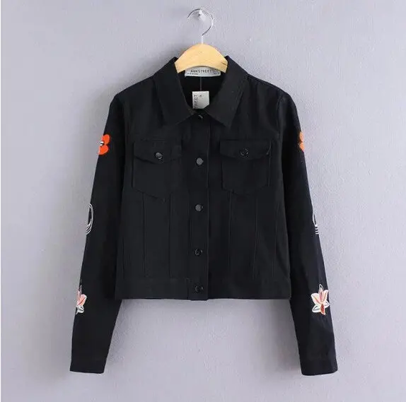Vintage Sleeve Flower Embroidery Jacket Women Lapel Letter Embroidery Denim Jacket Short Coat Outerwear Tops Femme 1
