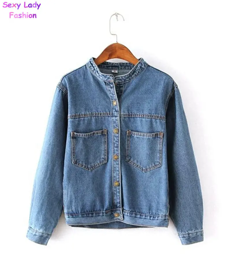 Vintage Stand Collar Buttons Denim Jacket Women's Loose Long Sleeve 2 Pockets Casual Short Jacket Outerwear Coat Blue Color 2