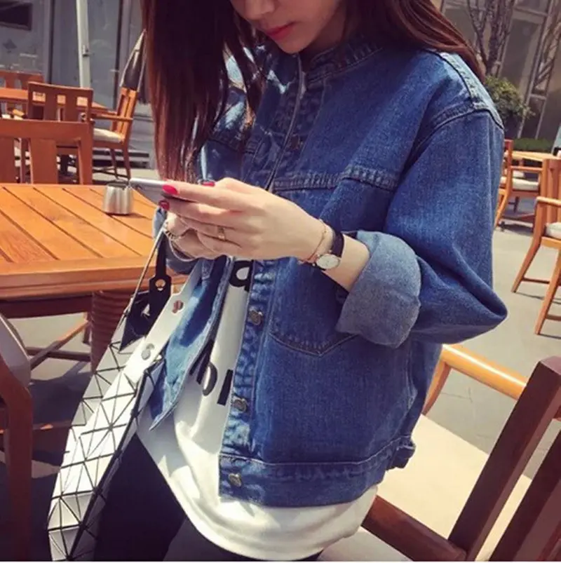 Vintage Stand Collar Buttons Denim Jacket Women's Loose Long Sleeve 2 Pockets Casual Short Jacket Outerwear Coat Blue Color 3