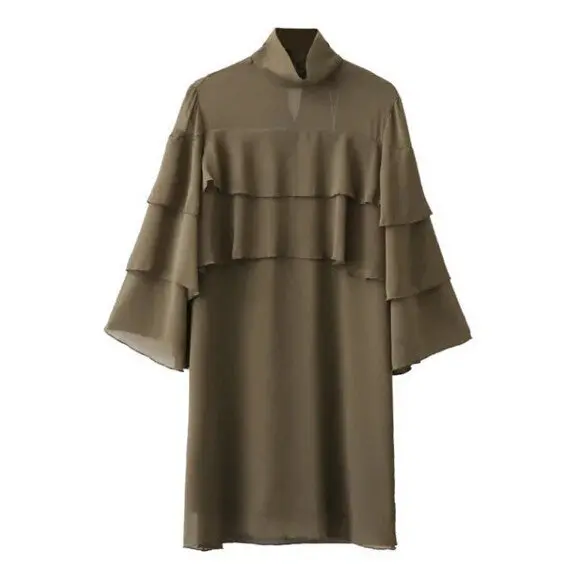 Vintage Stand Collar Ruffles Dress Woman 3/4 Flare Sleeve Chiffon Loose Short Dresses Femme 1