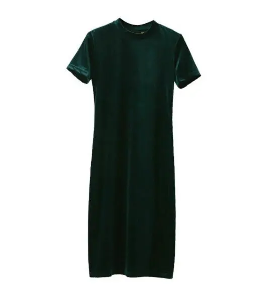 Vintage Stand Collar Short Sleeve Velvet Dress Women Retro Velour Mid Long Base Dress 3 Colors 4