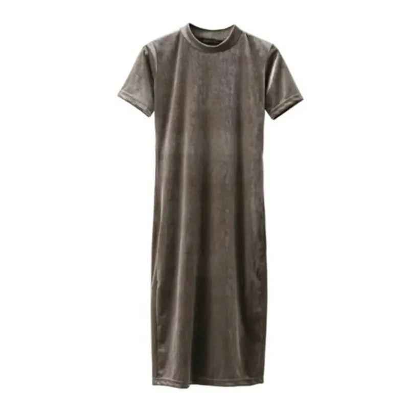Vintage Stand Collar Short Sleeve Velvet Dress Women Retro Velour Mid Long Base Dress 3 Colors 4