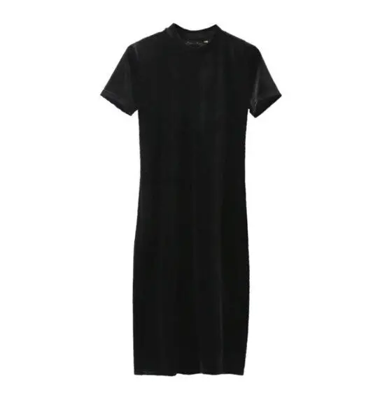 Vintage Stand Collar Short Sleeve Velvet Dress Women Retro Velour Mid Long Base Dress 3 Colors 6