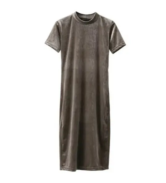 Vintage Stand Collar Short Sleeve Velvet Dress Women Retro Velour Mid Long Base Dress 3 Colors 7
