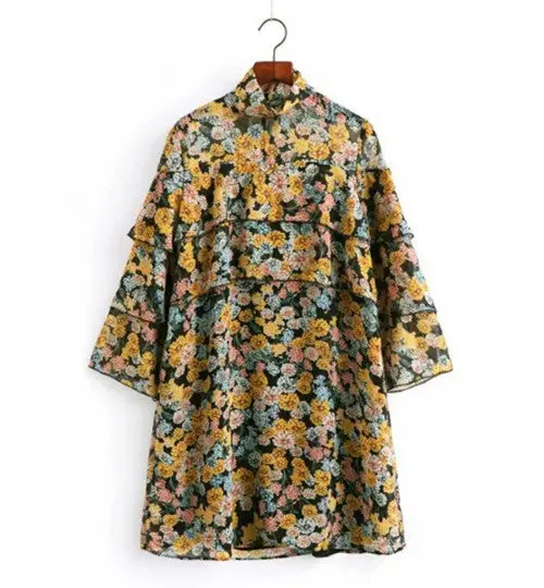 Vintage Stand Collar Yellow Floral Print Ruffles Dress Woman 3/4 Flare Sleeve Chiffon Loose Short Dresses Femme 1